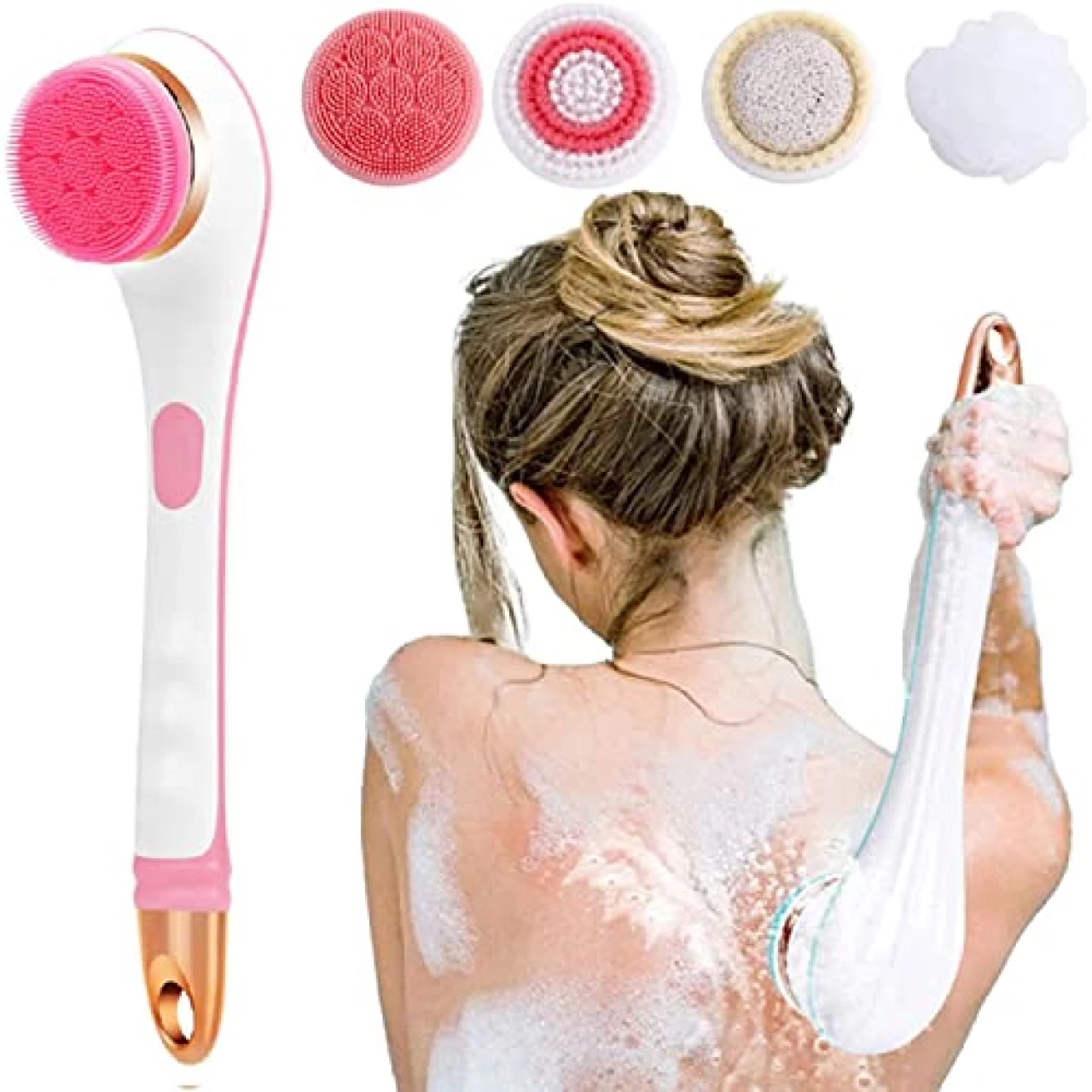 Body Brush Rechargeable, Electric Body Brush Set, Scrubber Shower Brush with Long Handle (Pink)