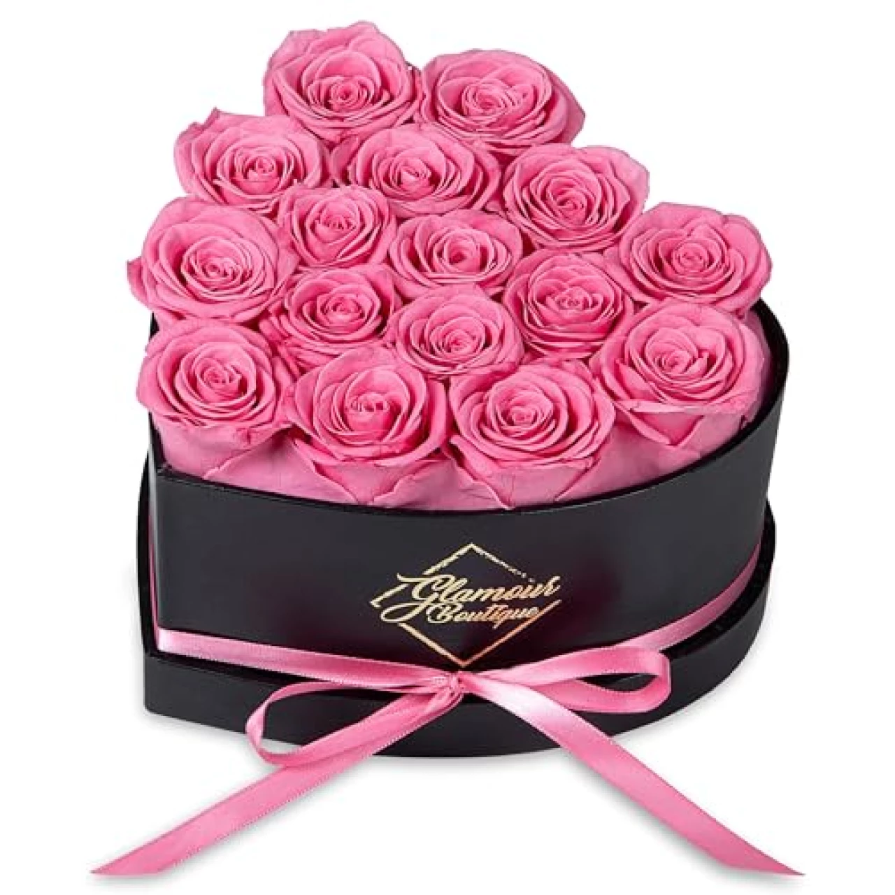 GLAMOUR BOUTIQUE 16-Piece Forever Flowers Heart Shape Box - Preserved Roses, Immortal Roses That Last A Year - Eternal Rose Preserved Flowers for Delivery Prime Mothers Day &amp; Valentines Day - Pink