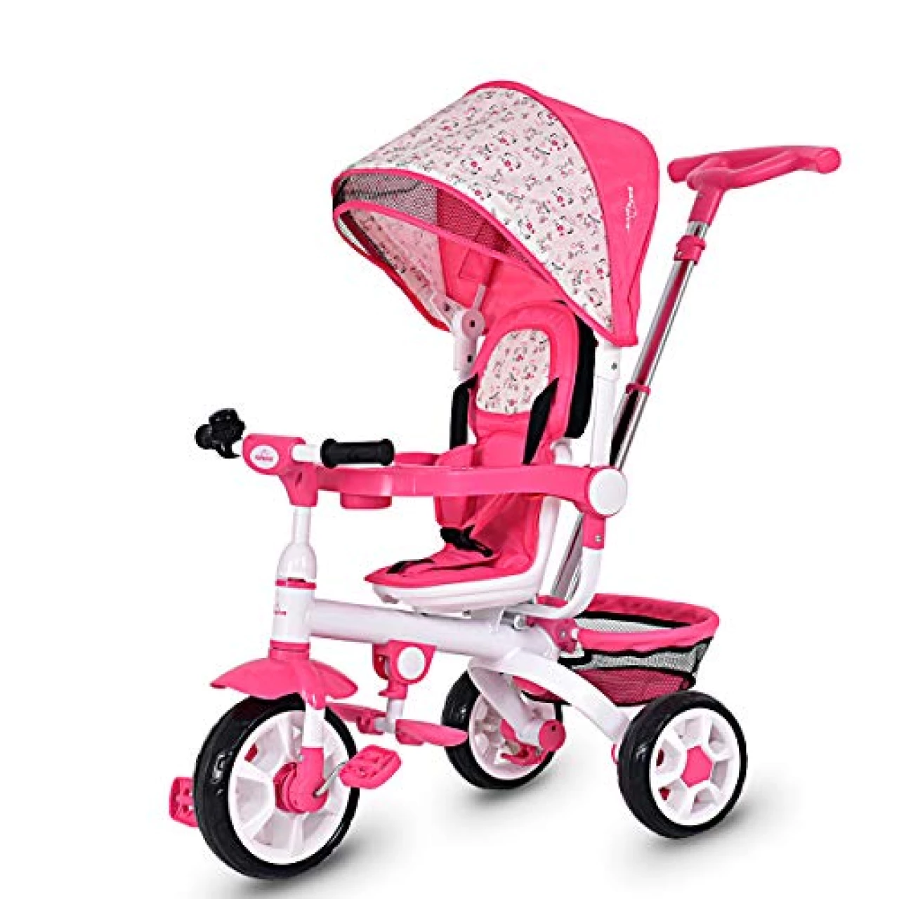 Costzon Tricycle for Toddlers, 4 in 1 Trike w/Parent Handle, Adjustable Canopy, Storage, Safety Harness &amp; Wheel Brakes, Baby Push Tricycle Stroller for Kids Boys Girls Aged 10 Month-5 Years Old, Pink