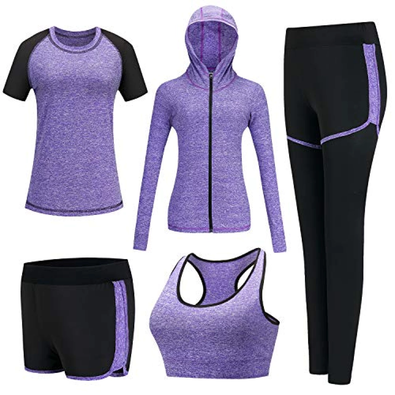 XPINYT 5pcs Workout Outfits for Women Athletic Sets Sport Suits Yoga Gym Fitness Exercise Clothes Jogging Tracksuits (Purple, Large)