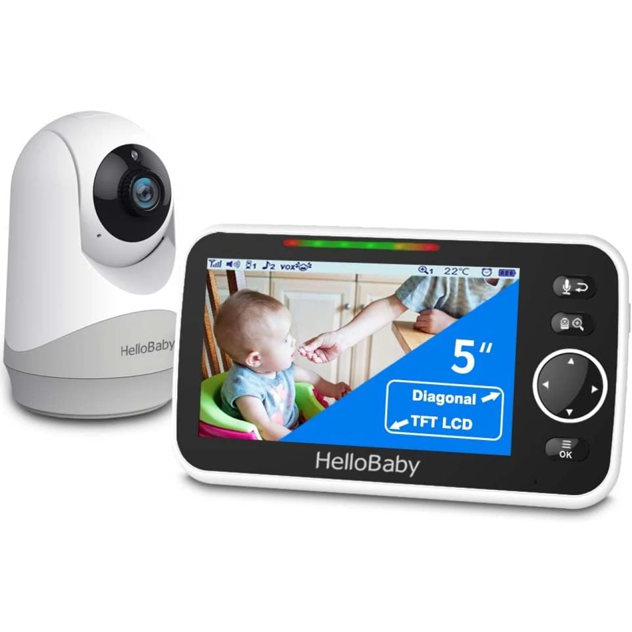HelloBaby Monitor with Camera and Audio, 5&rsquo;&rsquo; Screen with 16-Hour Video Streaming, Remote Pan-Tilt-Zoom Camera, Two-Way Talk, VOX Mode, Auto-Night Vision, Range up to 960ft and No WiFi