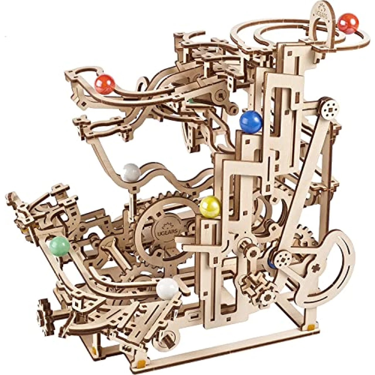 UGEARS Marble Run Tiered Hoist - Wooden Marble Run Kit with 10 Colored Marbles