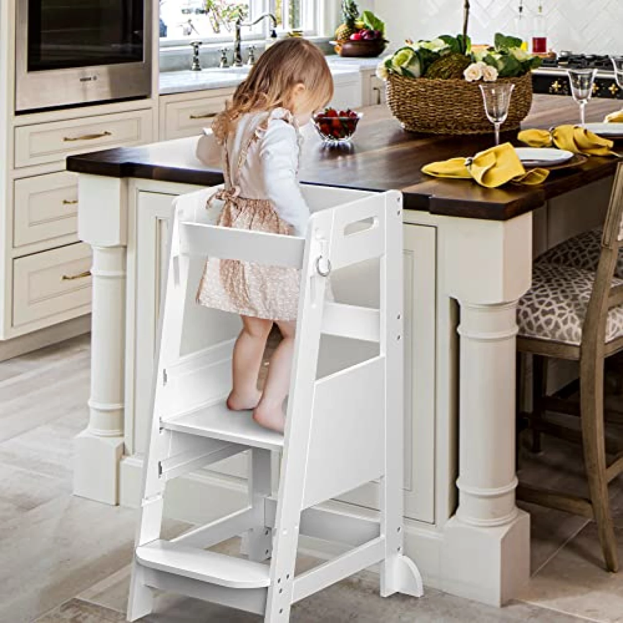 TOETOL Bamboo Toddler Kitchen Step Stool White Helper Standing Tower Height Adjustable with Anti-Slip Protection for Kids Kitchen Counter Learning