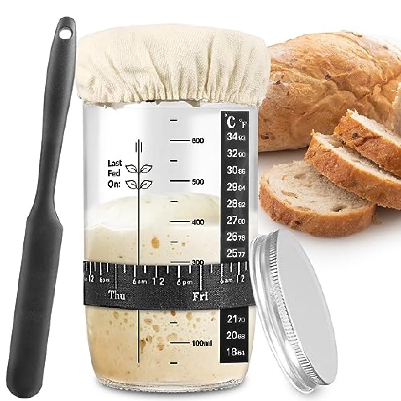 Zunmial Sourdough Starter Jar, Sourdough Starter Kit with Date Marked Feeding Band, Thermometer, Cloth Cover &amp; Metal Lid, Reusable Sourdough Bread Baking Supplies, Home Baking Supplies