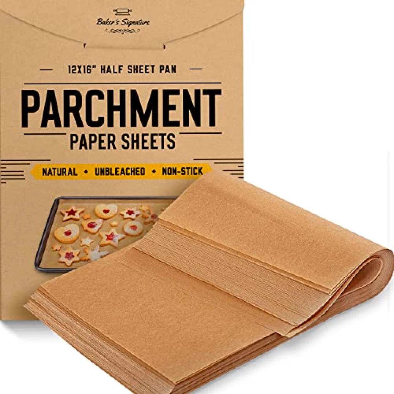 Parchment Paper Baking Sheets by Baker&rsquo;s Signature | Precut Non-Stick &amp; Unbleached - Will Not Curl or Burn - Non-Toxic &amp; Comes in Convenient Packaging - 12x16 Inch Pack of 120