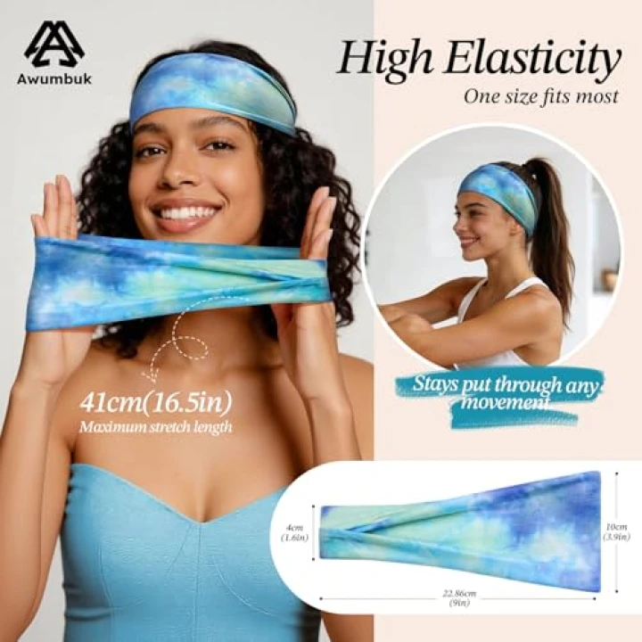 Click to view Awumbuk Headbands for Women, 8 Pack Non-Slip Moisture Wicking Sports Wide Head Bands