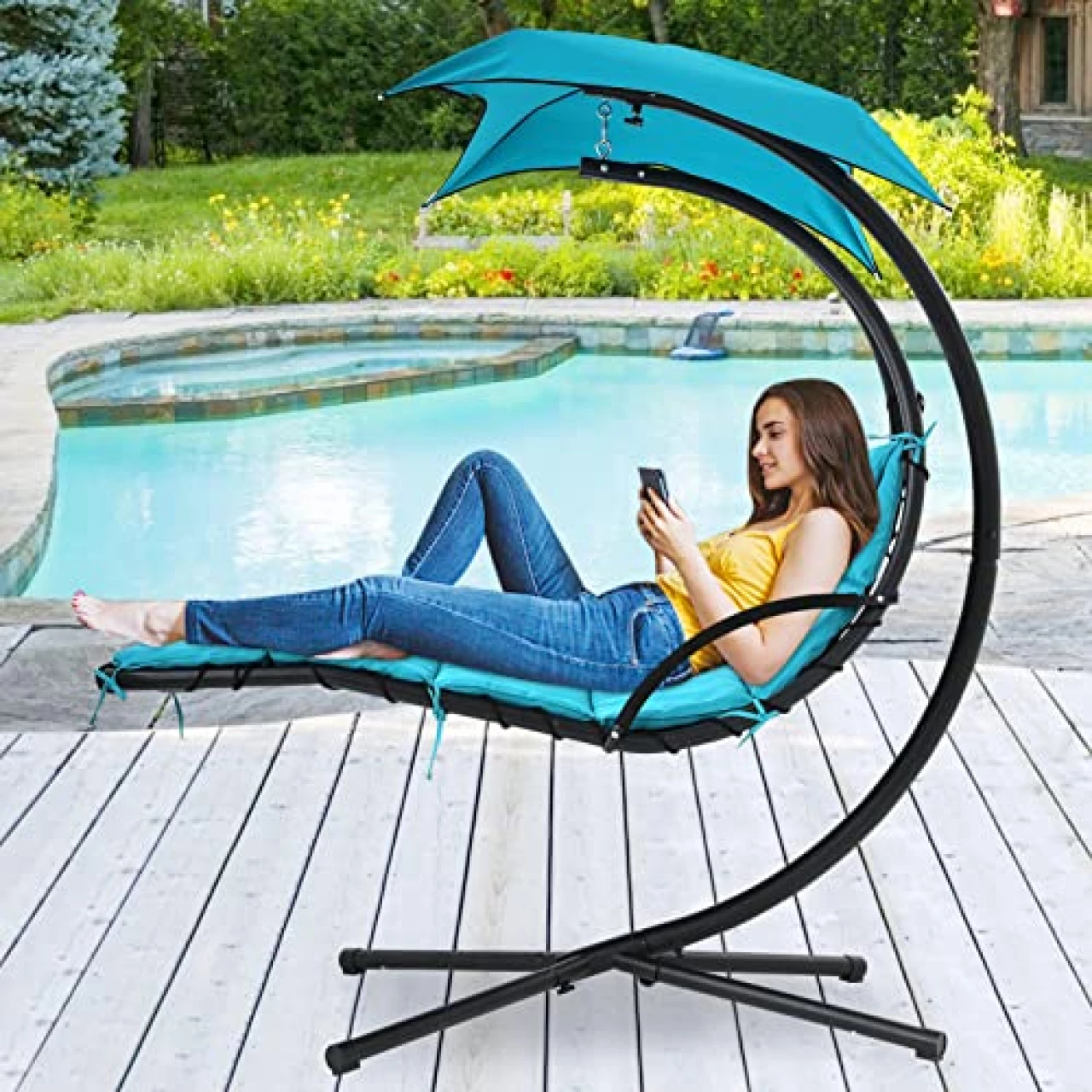 Hanging Curved Chaise Lounge Chair Floating Swing Patio Chair, Arc Steel Stand Hammock Chair w/Built-in Pillow, Cushion, Removable Canopy Air Porch Stand for Outdoor Indoor, 330-Pound Capacity - Blue