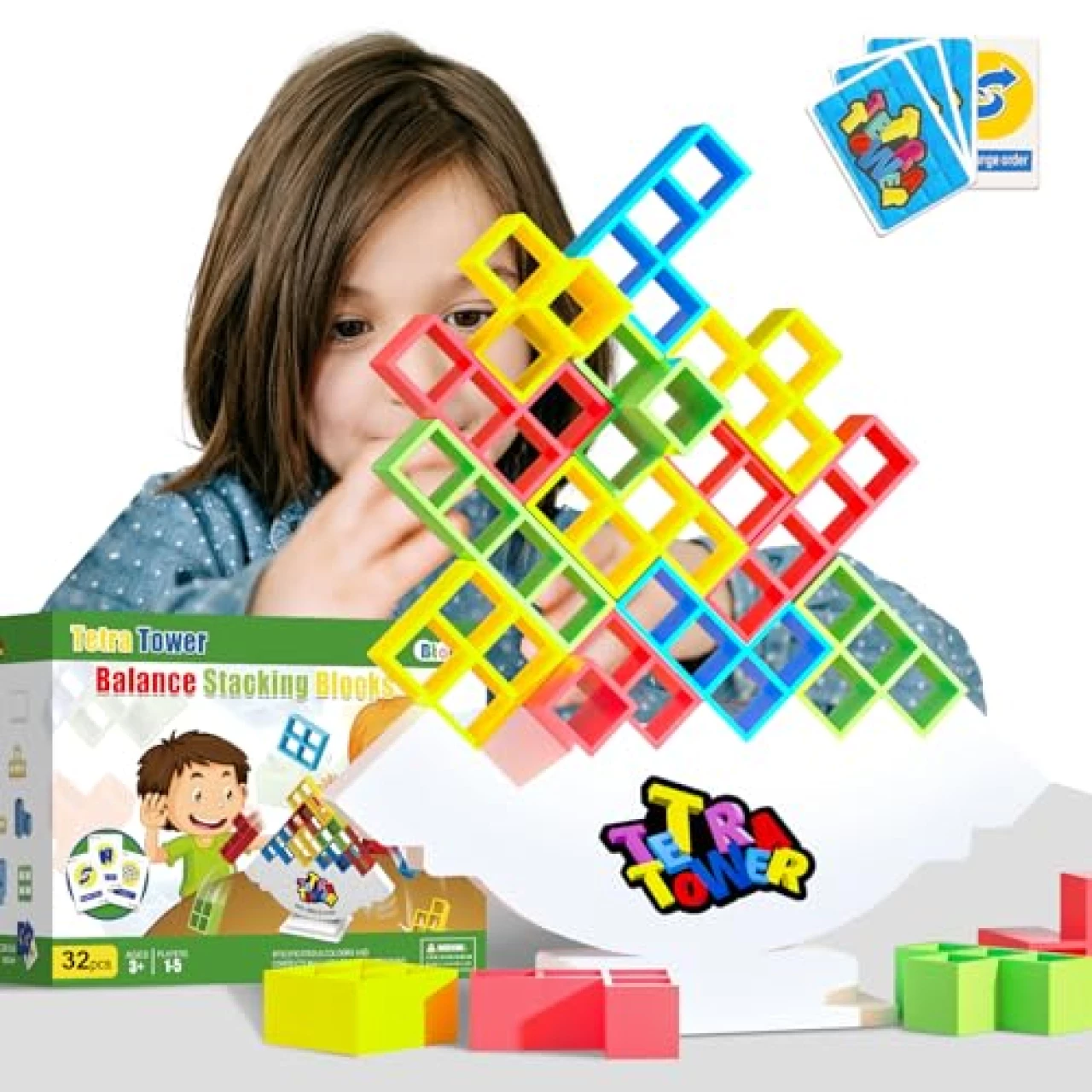 AZHU Tetra Tower Game-Balance Stacking Block,Board Games for Kids &amp; Adults,Party Games,The Fast Stacking Building Block Game for The Whole Family. (32PCS)