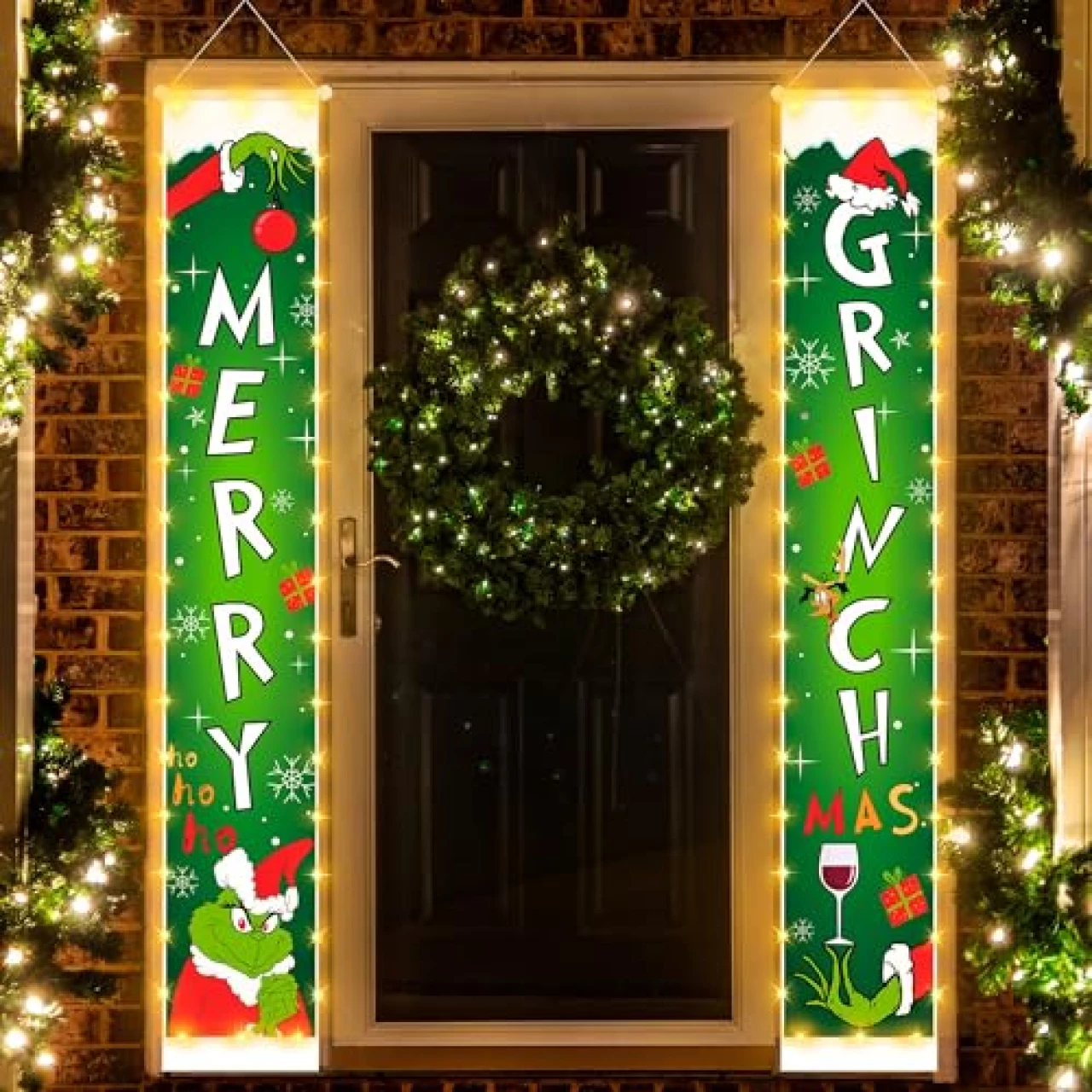 Christmas Decorations Banners with String Lights, Grinch Porch Sign Banners Hanging Christmas Decor - Xmas Holiday Decor for Outdoor Indoor Yard Home Front Door Garage Wall