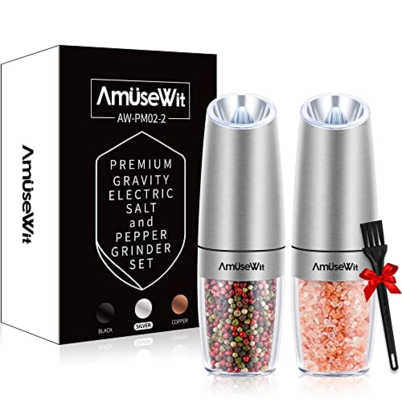 AmuseWit Gravity Electric Pepper and Salt Grinder Set [White Light] - Battery Operated Automatic Pepper and Salt Mills,Adjustable Coarseness,One-Handed Operation,Stainless Steel