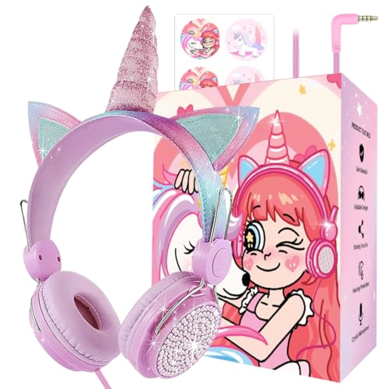 charlxee Kids Unicorns Headphones with Mic for School/Travel,95dB Volume Limited,Shareport,On/Over Ear Wired Headsets with Nylon Cable-Pink