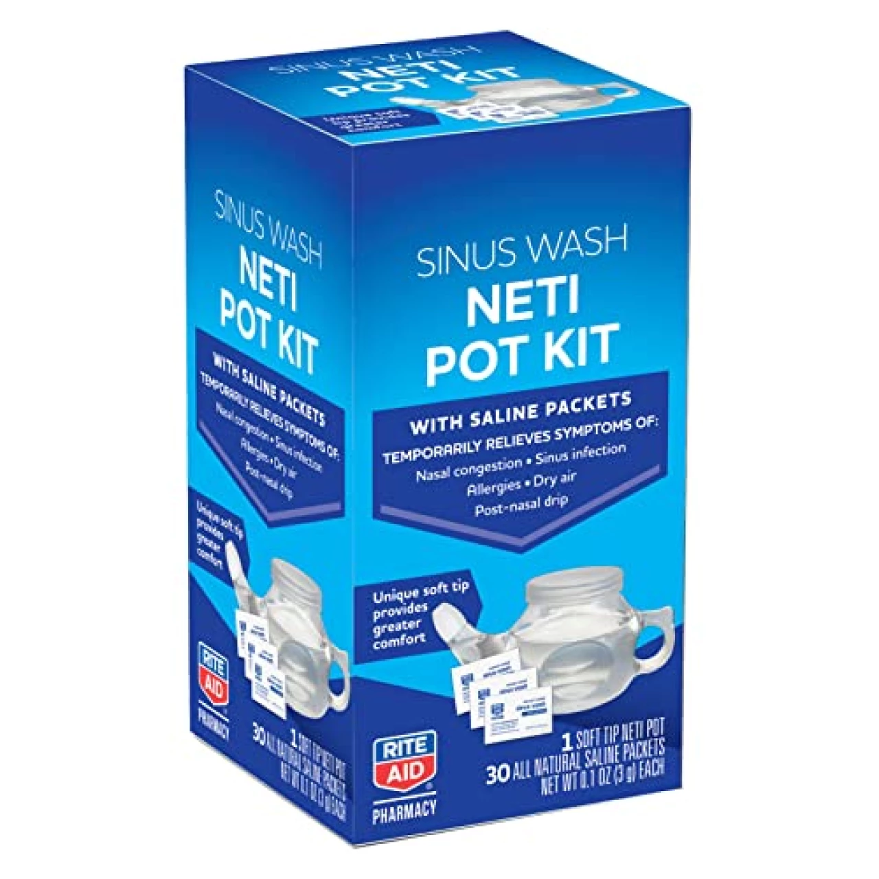 Rite Aid Neti Pot Nasal Rinse Kit with 30 Salt Packets - 1 Kit | Sinus Rinse for Adults &amp; Children | Sinus Relief