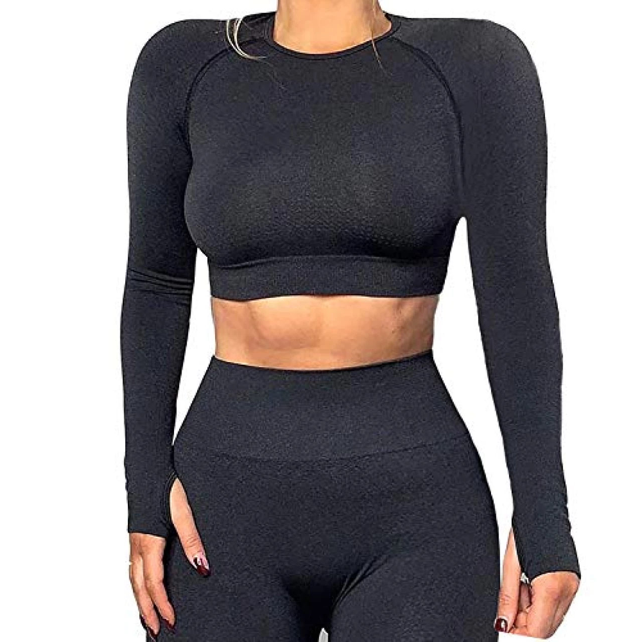 KIWI RATA Women Seamless Long Sleeve Yoga Gym Crop Top Thumb Hole Fitted Sportwear Activewear Outfits (#3 Black, Medium)