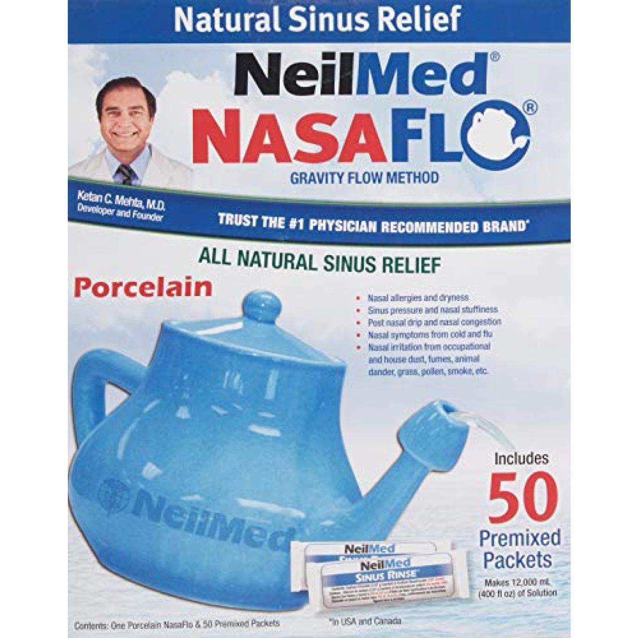 NeilMed Nasaflo Porcelain Neti Pot, 50 Count (packaging may vary)