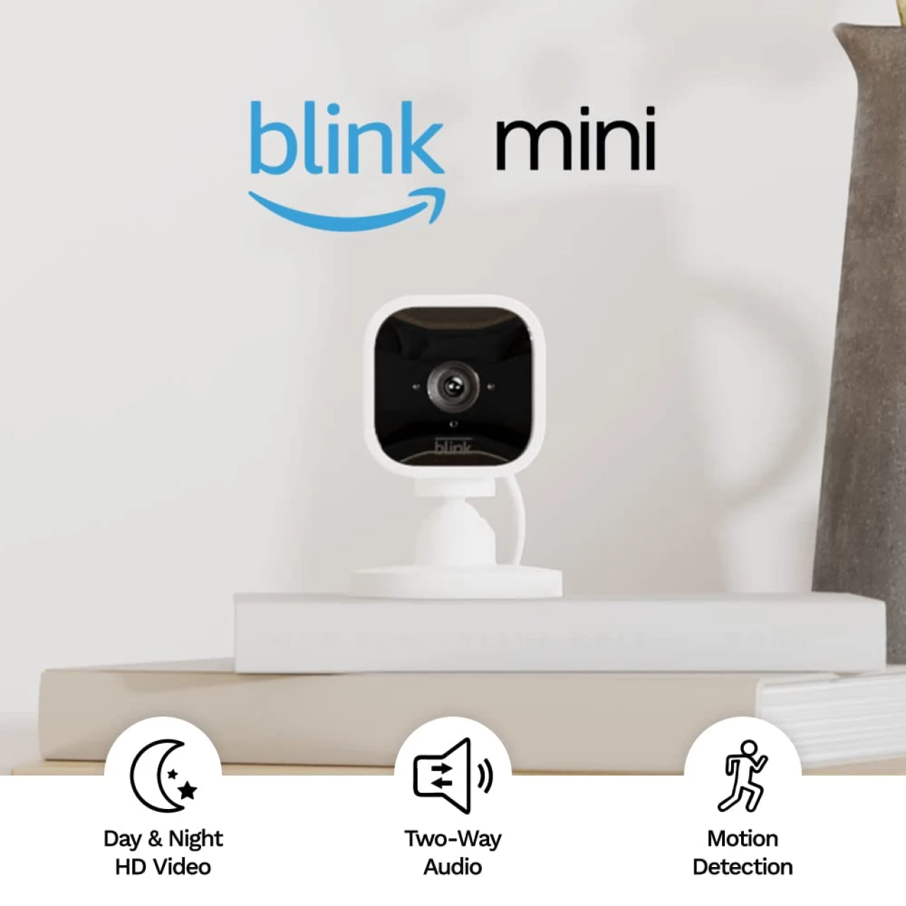 Blink Mini - Compact indoor plug-in smart security camera, 1080p HD video, night vision, motion detection, two-way audio, easy set up, Works with Alexa - 1 camera (White)