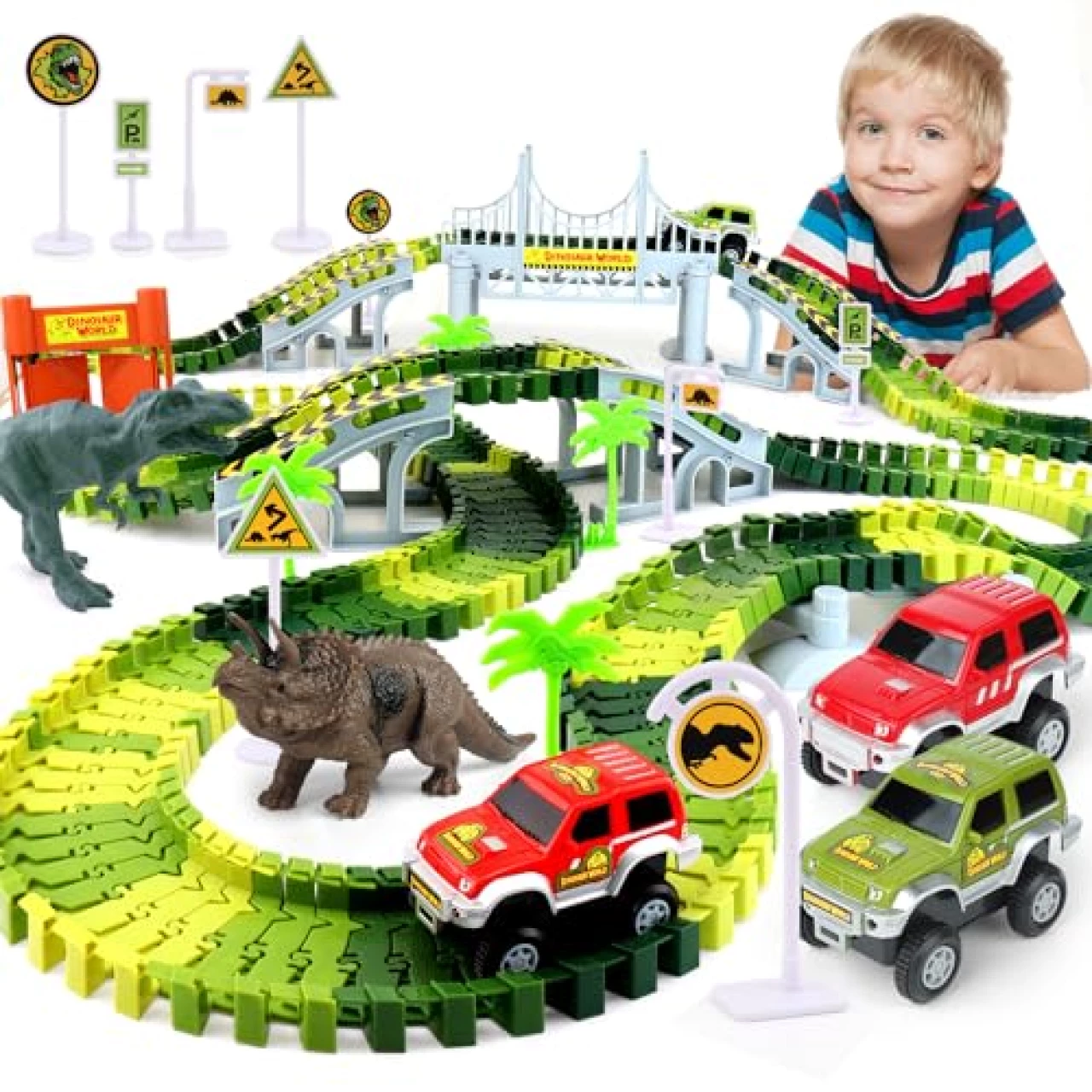 Dinosaur Toys for Kids 3-5, Create A Dino World with Bendable Flexible Racetrack Cars and Dinosaurs