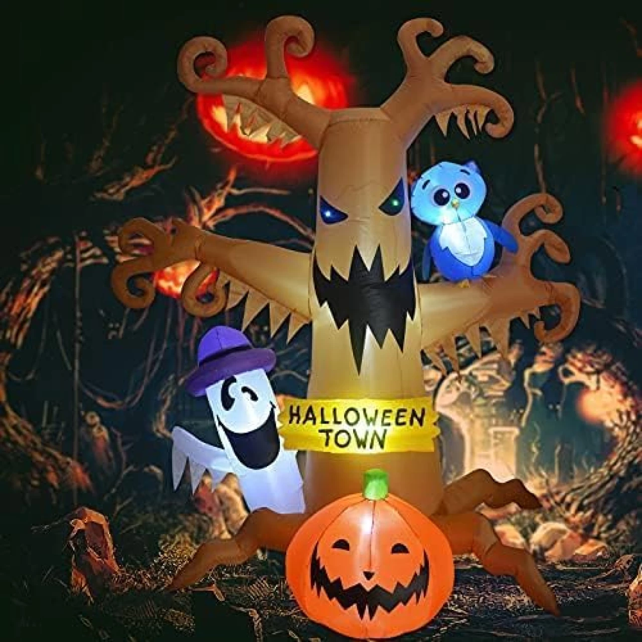 GOOSH 8 FT Halloween Inflatables Outdoor Dead Tree with Ghost, Pumpkin and Owl, Blow Up Yard Decoration with LED Lights Built-in for Holiday/Party/Yard/Garden