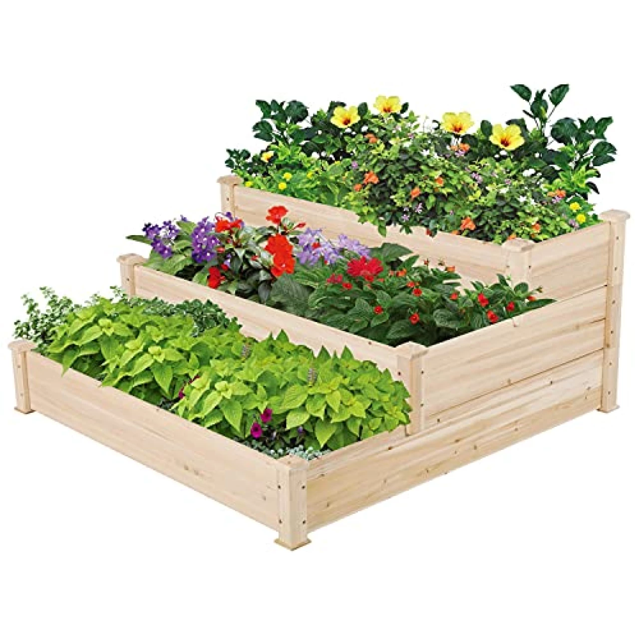 YAHEETECH 3 Tier Raised Garden Bed Wooden Elevated Garden Bed Kit for Vegetables Outdoor Indoor Solid Wood 47.2 x 47.2 x 22 inches