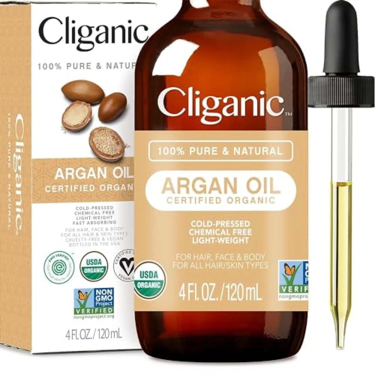 Cliganic USDA Organic Argan Oil, 100% Pure | for Hair, Face &amp; Skin | Natural Cold Pressed Carrier Oil, Imported from Morocco
