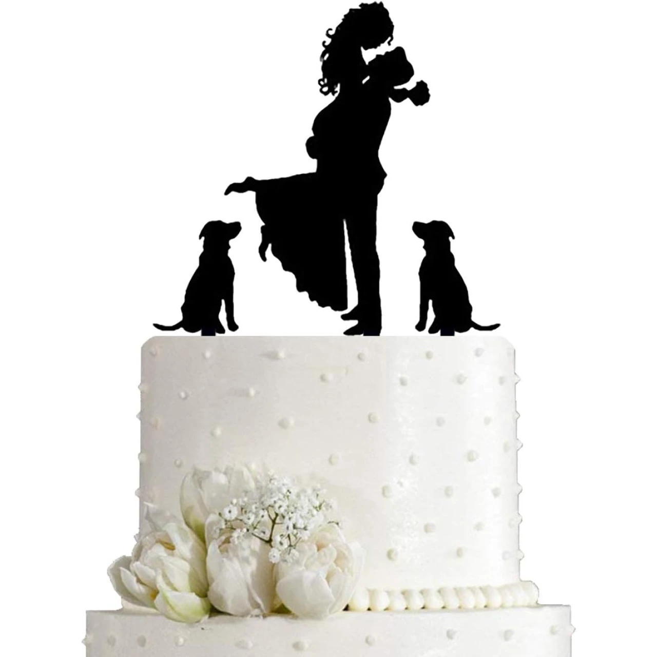Wedding Cake Topper - Bride Hold Groom with Flowers Besides 2 Pet Dogs Silhouette Cake Decoration (Black)