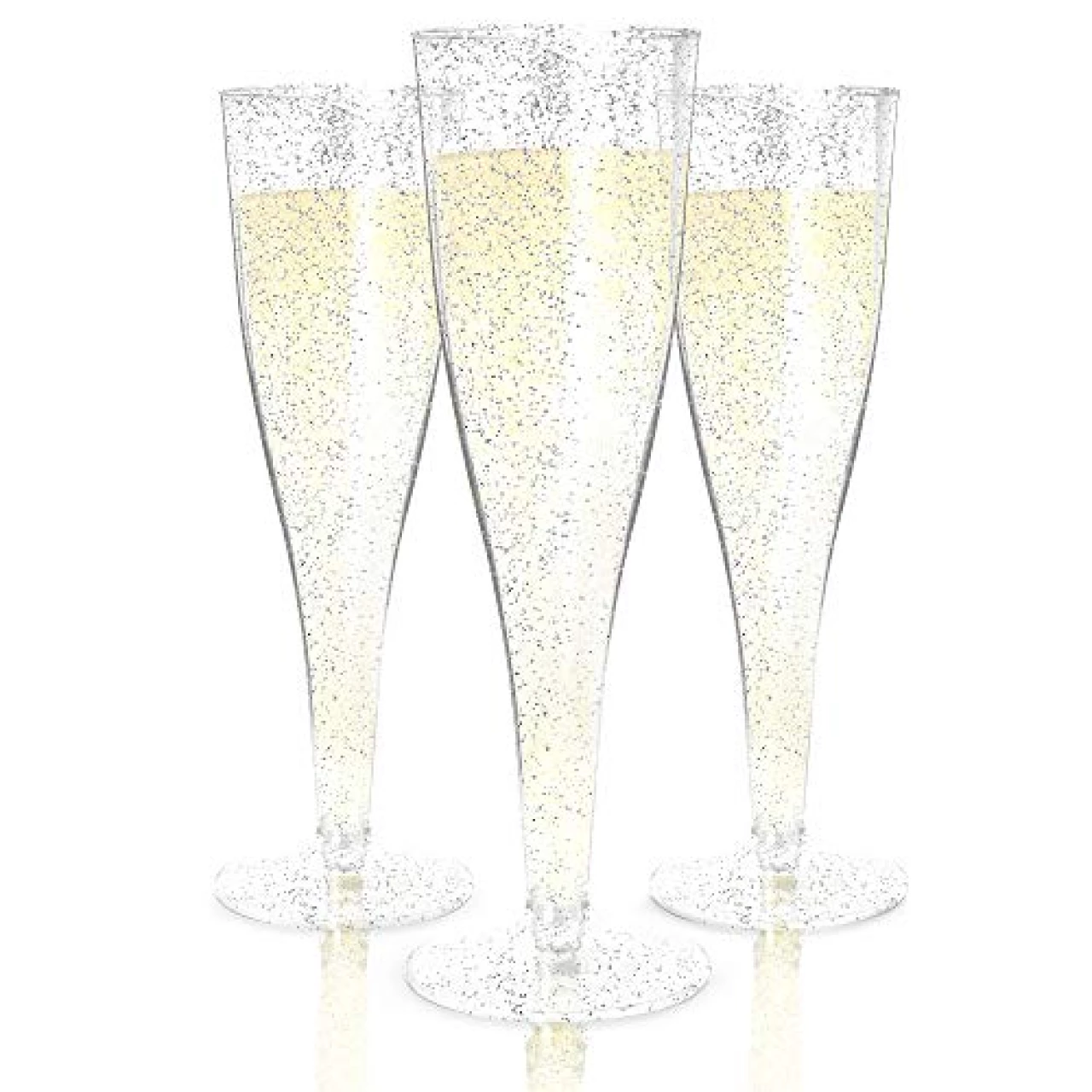 Prestee Plastic Champagne Flutes Disposable - 100 pack - Silver Glitter Plastic Champagne Glasses Disposable - Mimosa Bar, Wedding, &amp; Shower Party Supplies - Plastic Party Glasses (Silver)