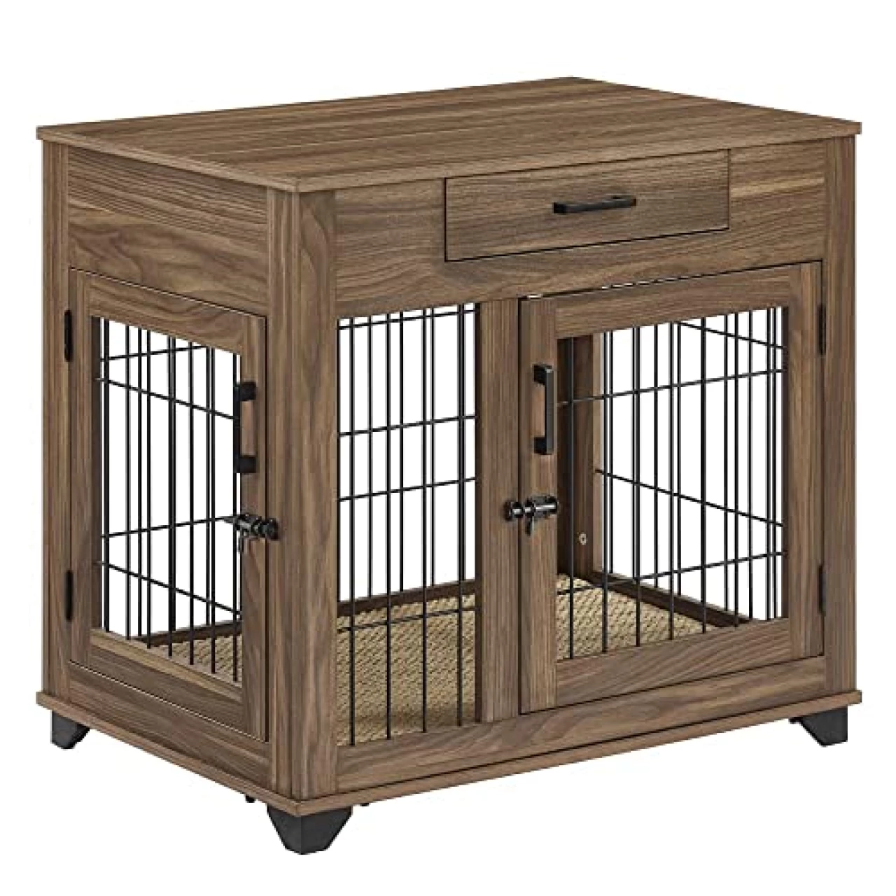 unipaws Furniture Style Dog Crate for Medium Dogs, Indoor Aesthetic Puppy Kennel, Modern Decorative Wood Wire Pet House Dog Cage with Drawer, Pretty Cute End Side Table Nightstand, Walnut