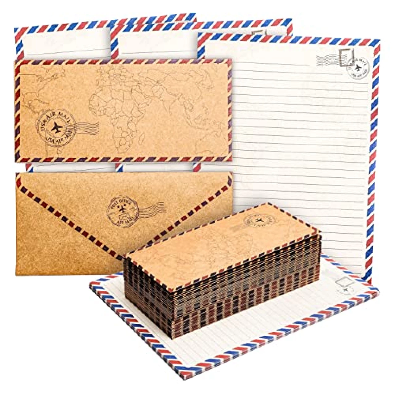 96 Pack Vintage-Style Airmail Stationery Set (48 Lined Paper Sheets with Matching Envelopes)
