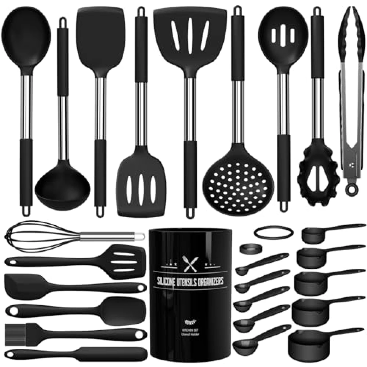 Silicone Kitchen Utensils Set, Umite Chef Large Heat Resistant Cooking Utensil, 26Pcs Silicone Spatulas Set, Stainless Steel Handle, Black Kitchen Gadgets Tools Set for Nonstick Cookware