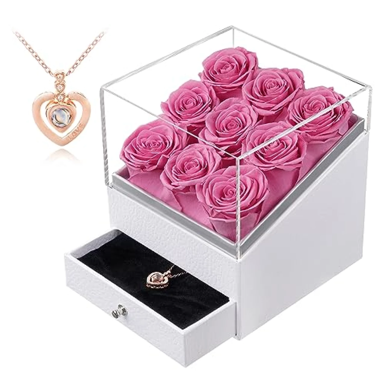 Eterfield Preserved Roses with I Love You Heart Necklace 9-Piece Forever Flowers Delivery Prime Real Rose That Last More Than a Year Gift for Mom Wife Girlfriend Valentines Day Mother Day (Pink)