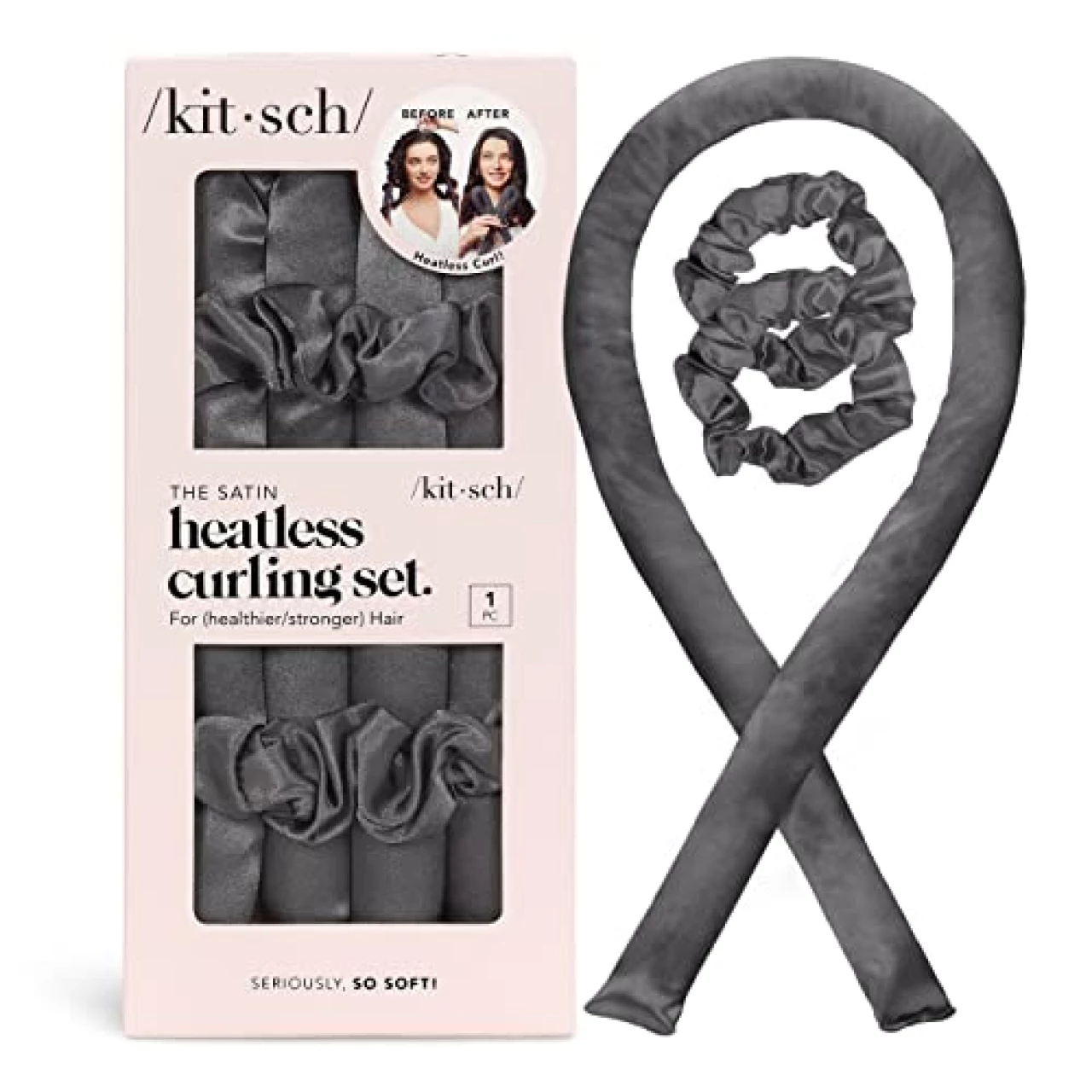 Kitsch Satin Heatless Curling Set - Hair Rollers for Heatless Curls | Heatless Hair Curlers for Overnight Curls | Hair Curlers to Sleep in | Heatless Curling Rod Headband | Heatless Curler - Charcoal