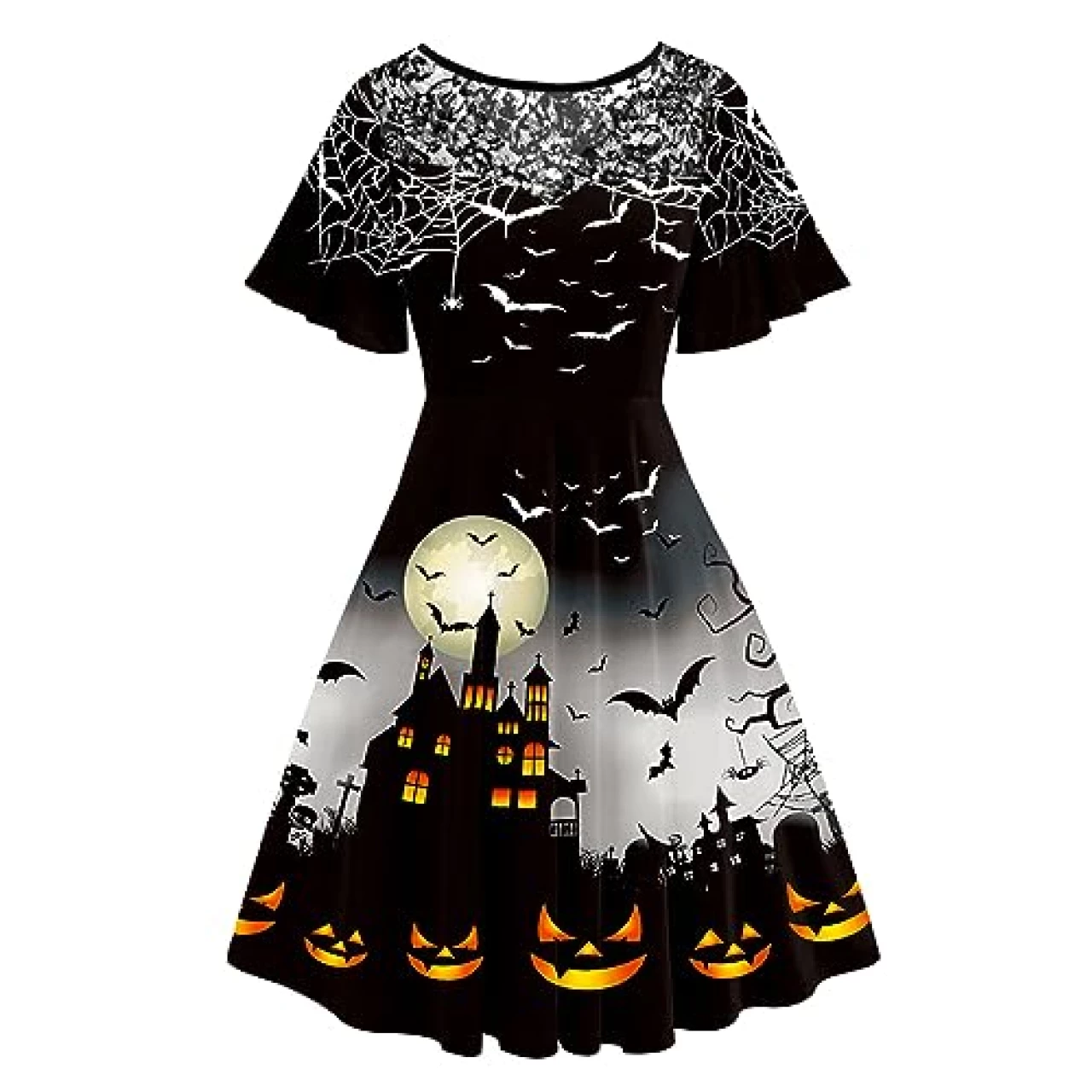 Women&rsquo;s Vintage Halloween Dress Spooky Short Sleeve Party Dresses with Black Lace Pumpkin Dress Black L