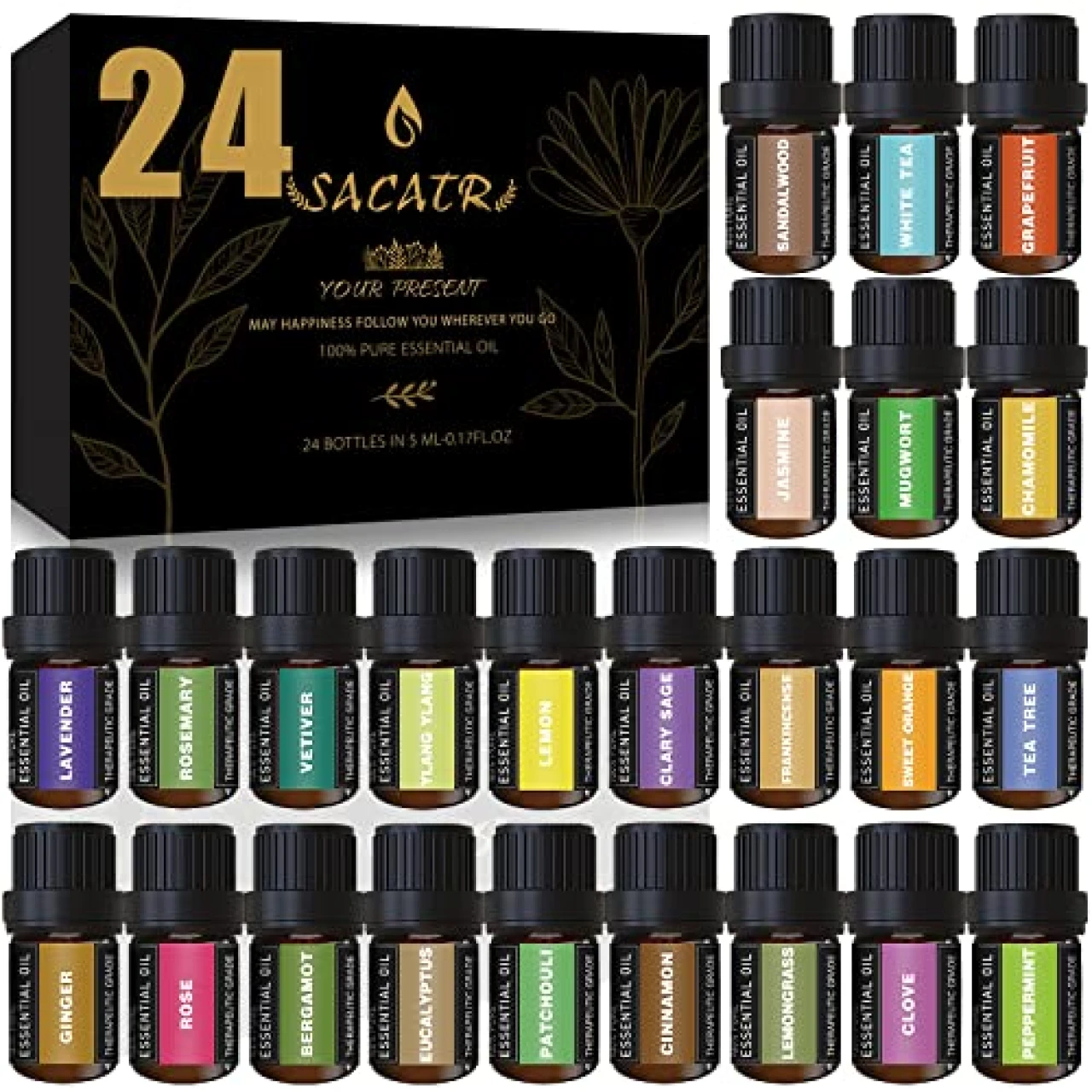 24 Bottles Essential Oils Set -100% Natural Essential Oils-Perfect for Diffuser, Humidifier, Aromatherapy, Massage, Soap, Candle Bath Bombs Making (5ml/0.17oz)