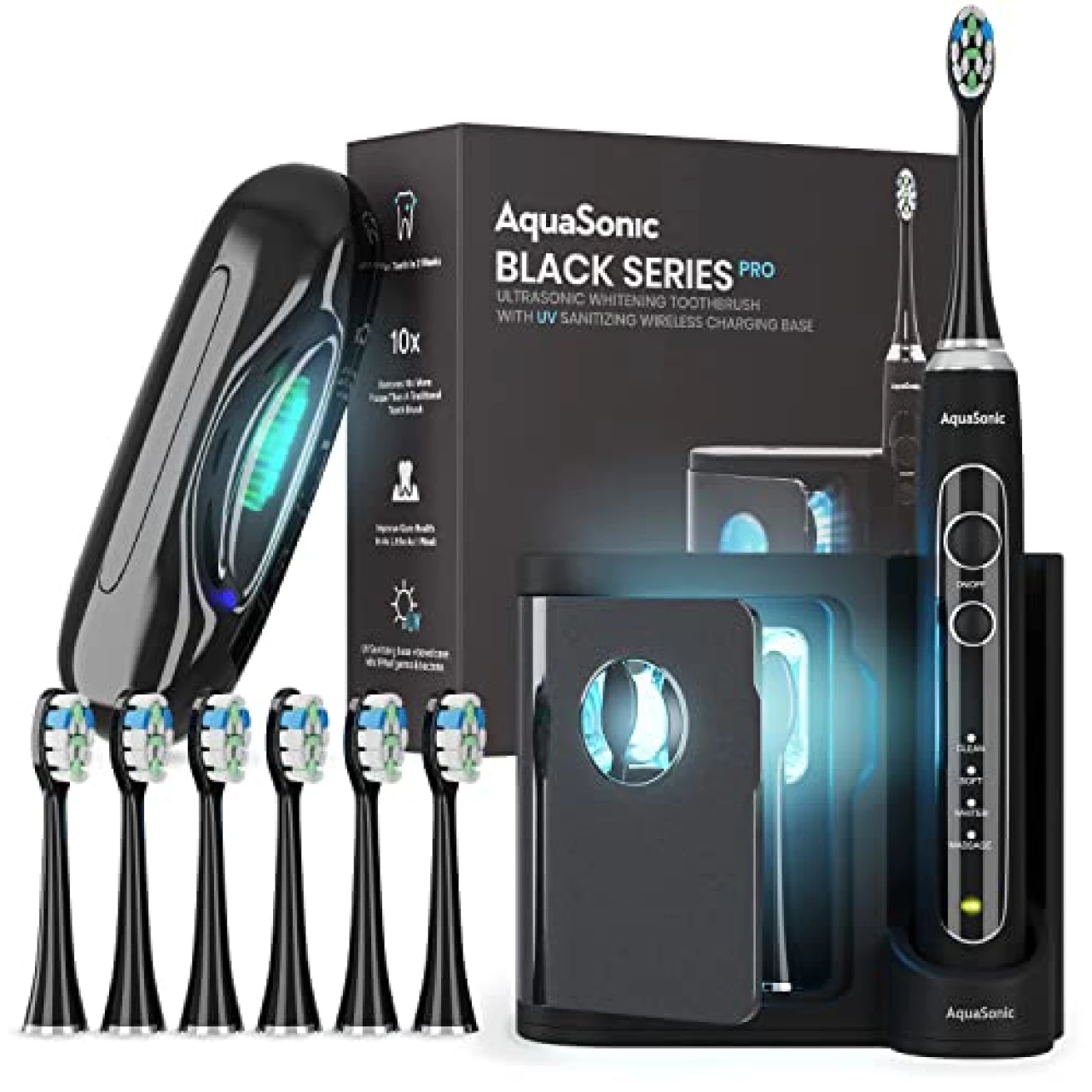 Aquasonic Black Series PRO – Ultra Whitening Power Toothbrush – 4 Modes &amp; Smart Timers – UV Sanitizing base &amp; Charging Travel Case– ADA Approved