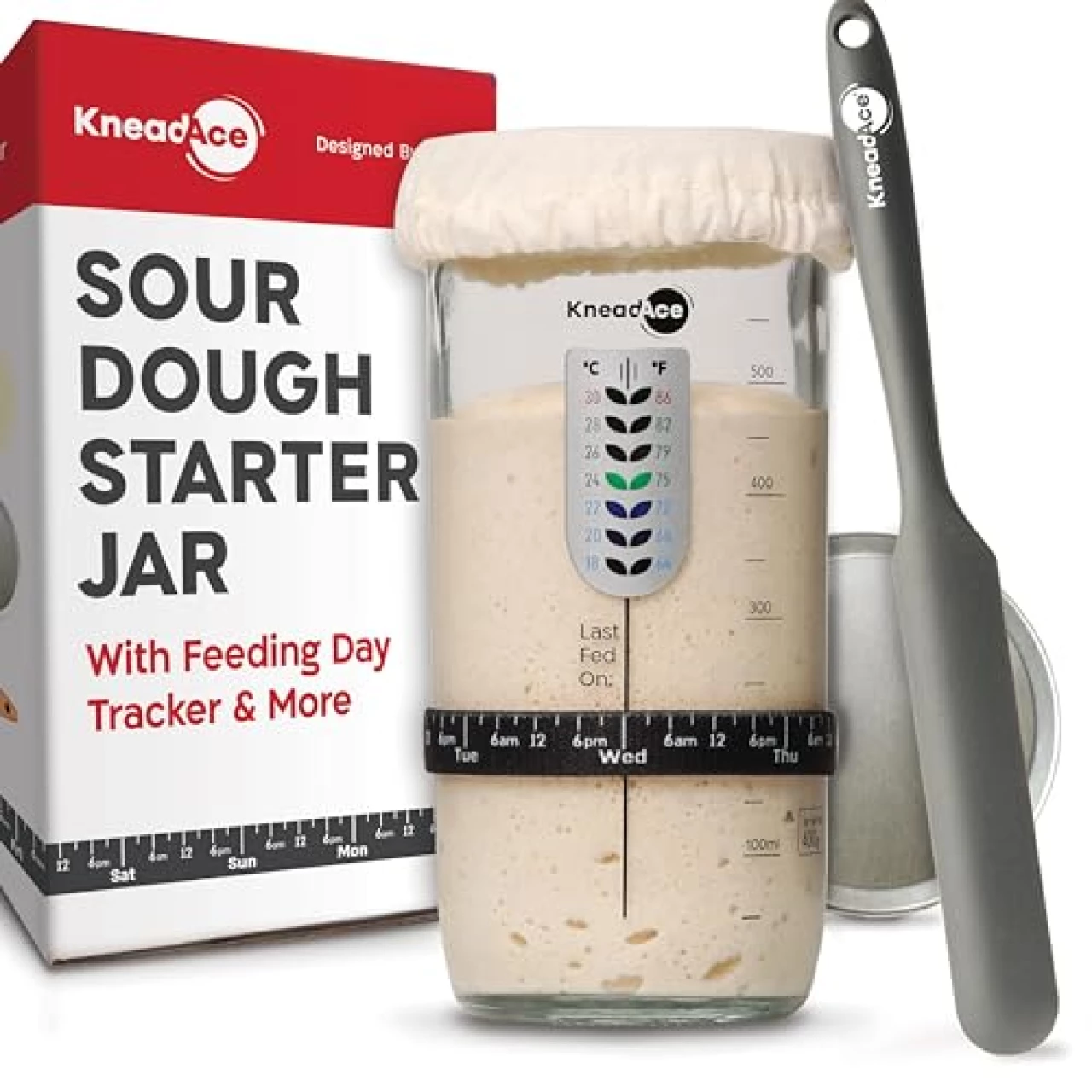 KneadAce Sourdough Starter Jar With Date Marked Feeding Band, Thermometer, Sourdough Fermentation Jar Scraper, Sewn Cloth Cover &amp; Metal Lid, Sourdough Starter Kit
