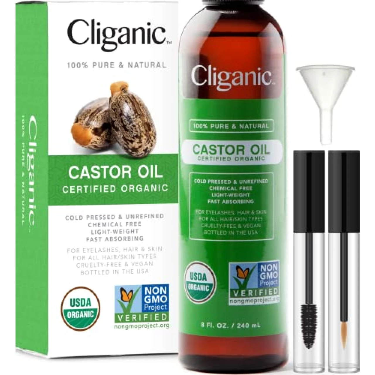 Cliganic USDA Organic Castor Oil (8oz with Eyelash Kit)