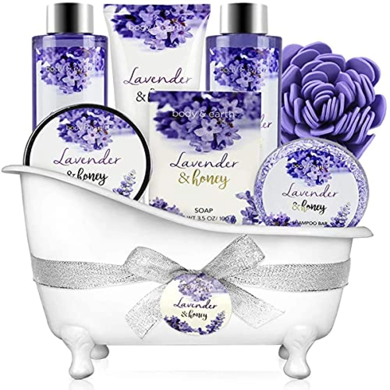 Bath and Body Gift Set - Lavender Gift Baskets for Women, Body &amp; Earth Bubble Bath Set 8 Pcs Lavender Honey Scent with Shower Gel, Lotion Set, Soap, Birthday Gifts for Dad Mom, Christmas Gifts for Her