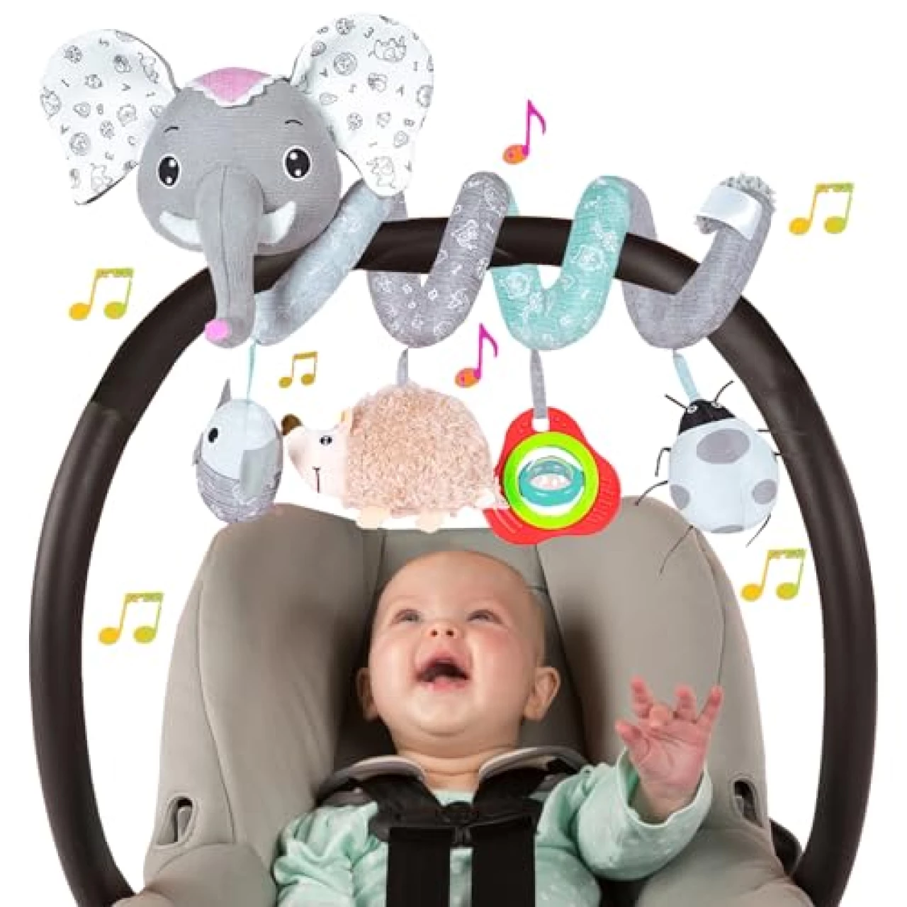 Baby Car Seat Toys, Infant Activity Spiral Toys Hanging Stroller Toys for Baby with Musical Owl Rattles Hedgehog Beep Ladybug Squeaker - Gray Elephant Toys for Newborn Baby 0 3 6 12 Months