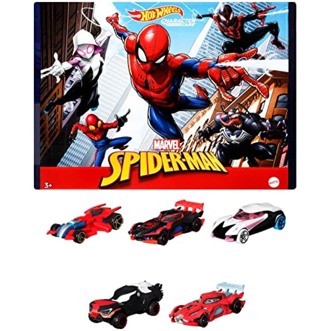 Hot Wheels MARVEL Spider-Man Character Cars 5-Pack of 1:64 Scale Vehicles, Includes Spider-Man, Spider-Man in Proto-Suit, Miles Morales, Spider-Gwen &amp; Venom, Collectible for 3Y+ (Amazon Exclusive)