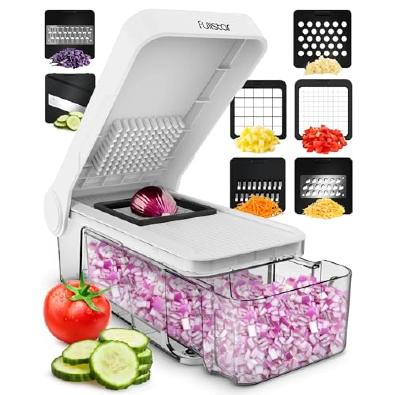 Fullstar Compact Vegetable Cutter, Food Chopper, Veggie Chopper, Onion Chopper, Vegetable Chopper With Container, Vegetable Slicer, Vegetable Cutter, Mandoline Slicer (7 in 1, White)