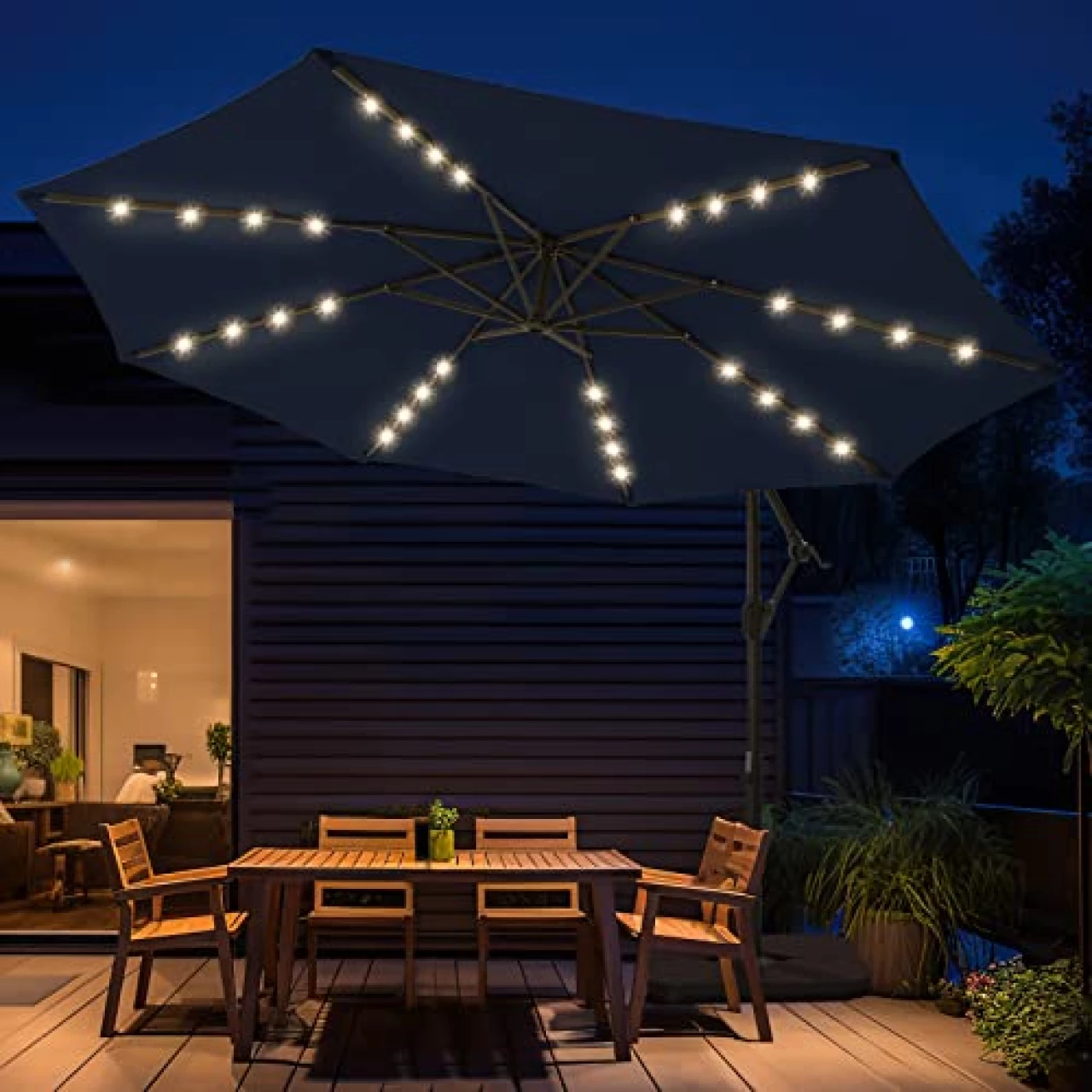 wikiwiki 10ft Solar LED Offset Hanging Market Patio Umbrella for Backyard, Poolside, Lawn and Garden,Easy Tilt Adjustment, Polyester Shade &amp; Cross Base (Navy Blue)