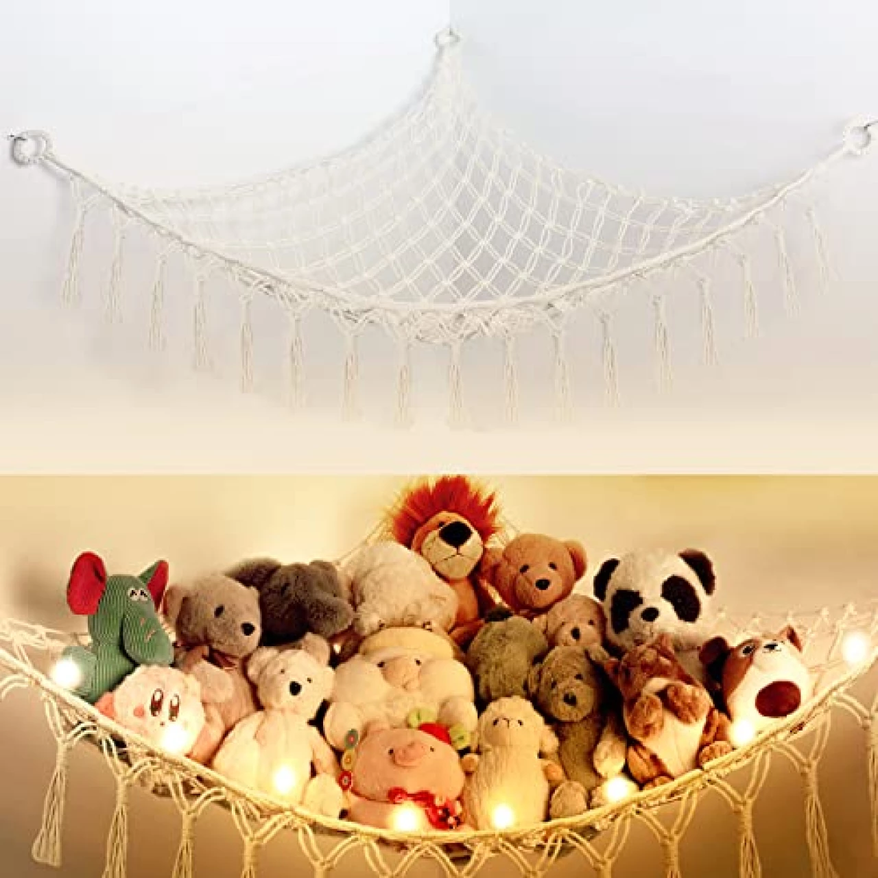 Stuffed Animal Net or Hammock with Light,Yewiwin Macrame Hanging Net Hammock for Stuffed Animal Toy Storage Organizer Boho Decor Room Holder for Nursery Play Room Bedroom (Beige-2)