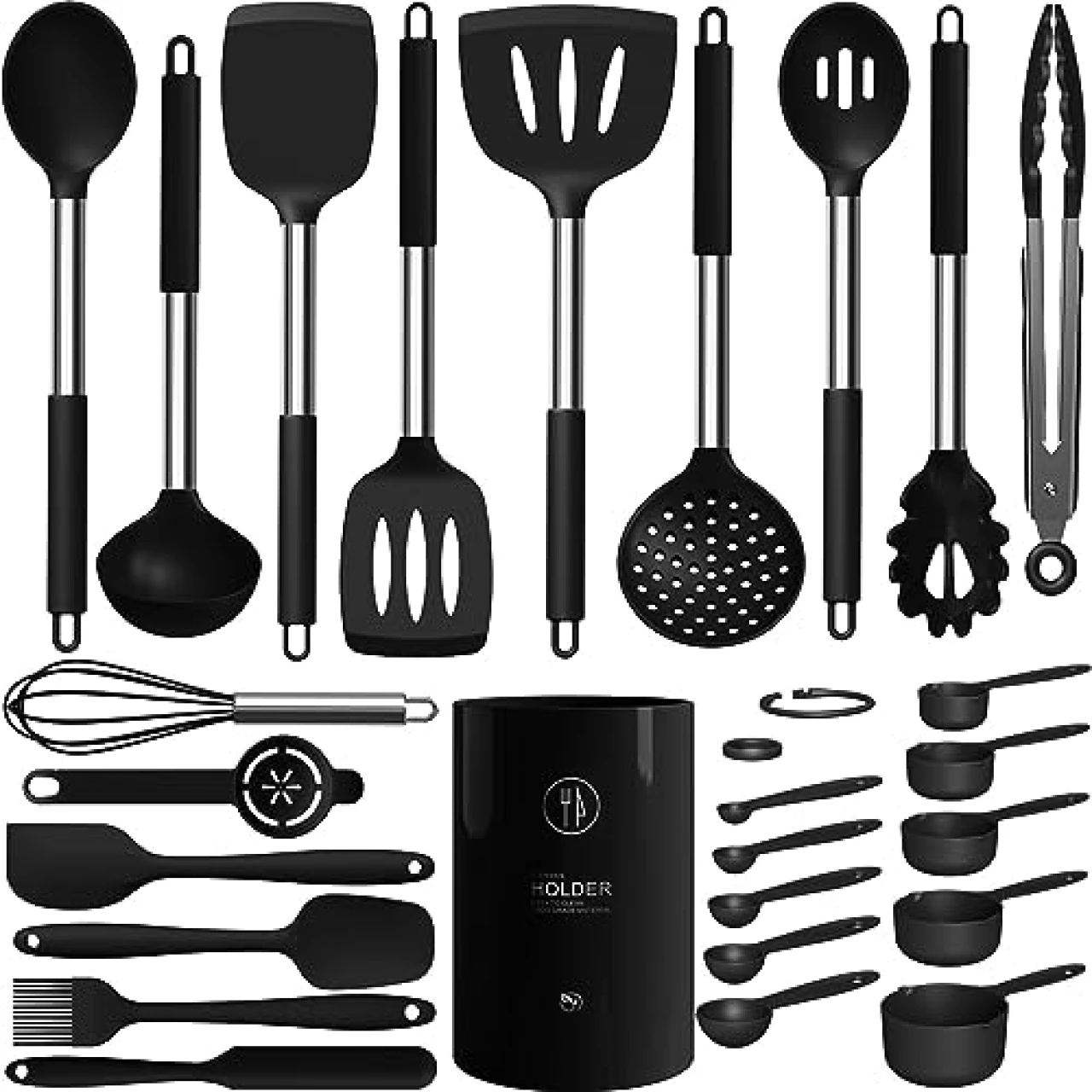 Large Silicone Cooking Utensils Set - Heat Resistant Kitchen Utensils Sets,Spatula,Spoon,Turner Tongs,Brush,Whisk,Stainless Steel Silicone Cooking Utensil for Nonstick Cookware Dishwasher Safe (Black)