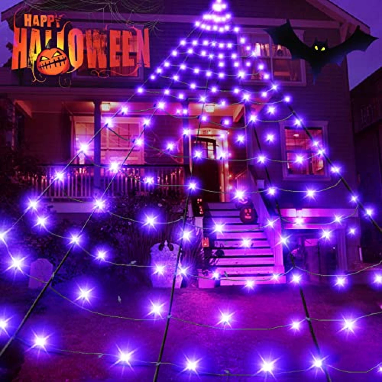 BlcTec Halloween Giant Spider Web Lights, 19.7ft x 14.7ft Lighted Black Spider Web with 250 LED, Sturdy Wire Halloween Web Lights with Waterproof, 8 Modes, Timer for Yard Haunted House Décor (Purple)