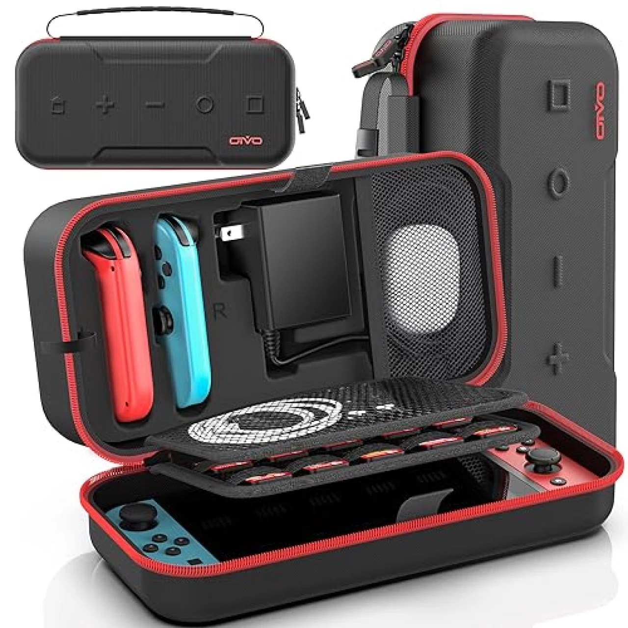 Switch OLED Carrying Case Compatible with Switch &amp; Switch OLED, Portable Switch Travel Carry Case Fit for Joy-Pap and Adapter, Hard Shell Protective Switch Pouch Case with 20 Games, Red