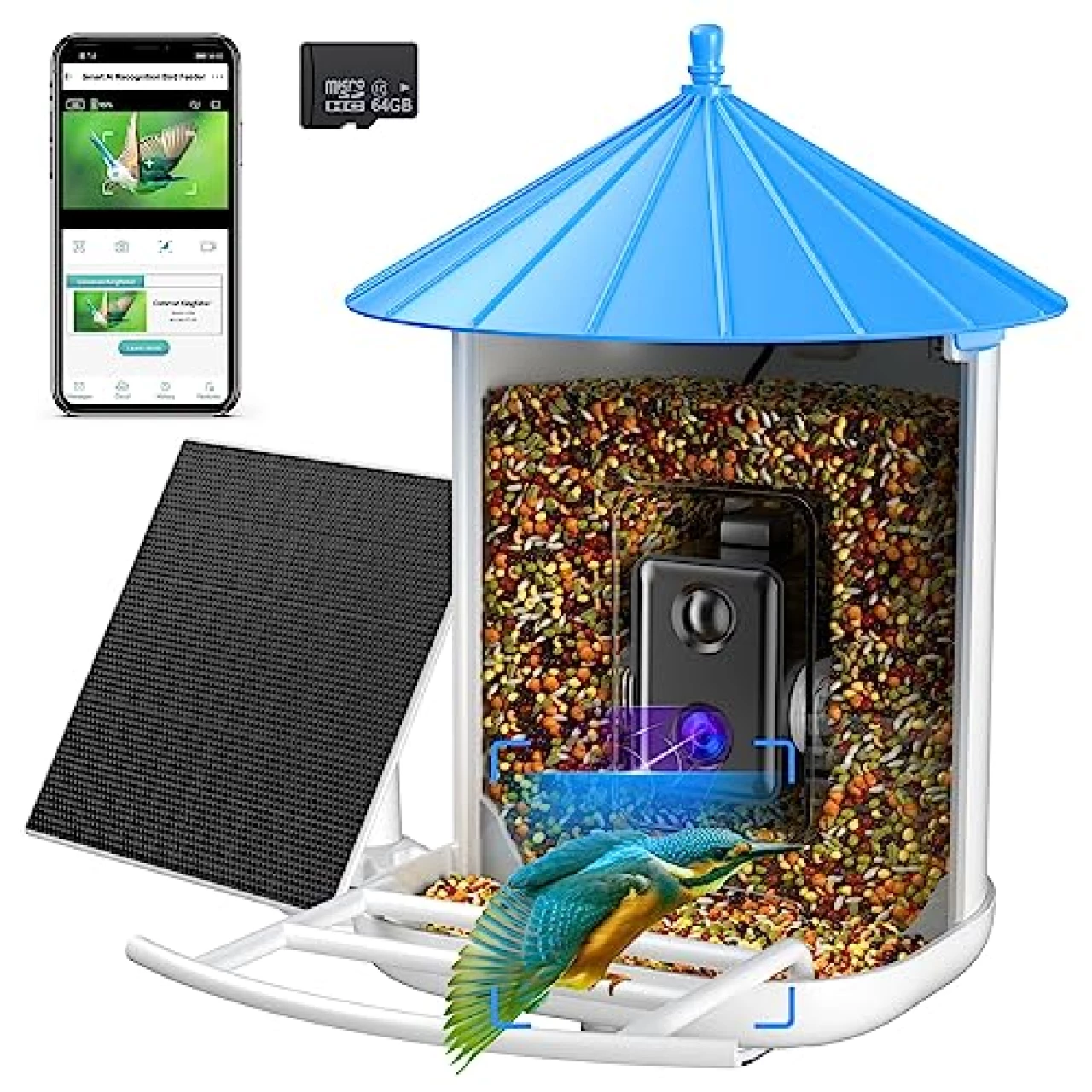 isYoung Smart Bird Feeder with Camera, Free AI to Identify 11000+ Bird Species, Auto Capture Bird Videos &amp; Solar Panel with 64G TF Card, Ideal Gift for Bird Lover