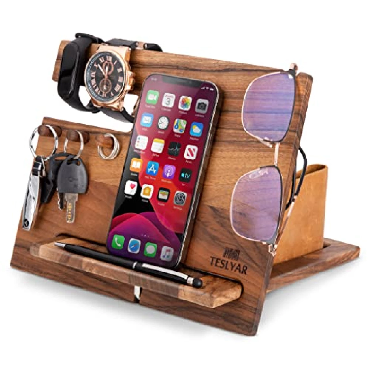 TESLYAR Gifts for Men Natural Walnut Wood Phone Docking Station Hooks Watch Organizer Men Husband Anniversary Birthday Nightstand Purse Father Graduation Male Idea Gadgets Solid