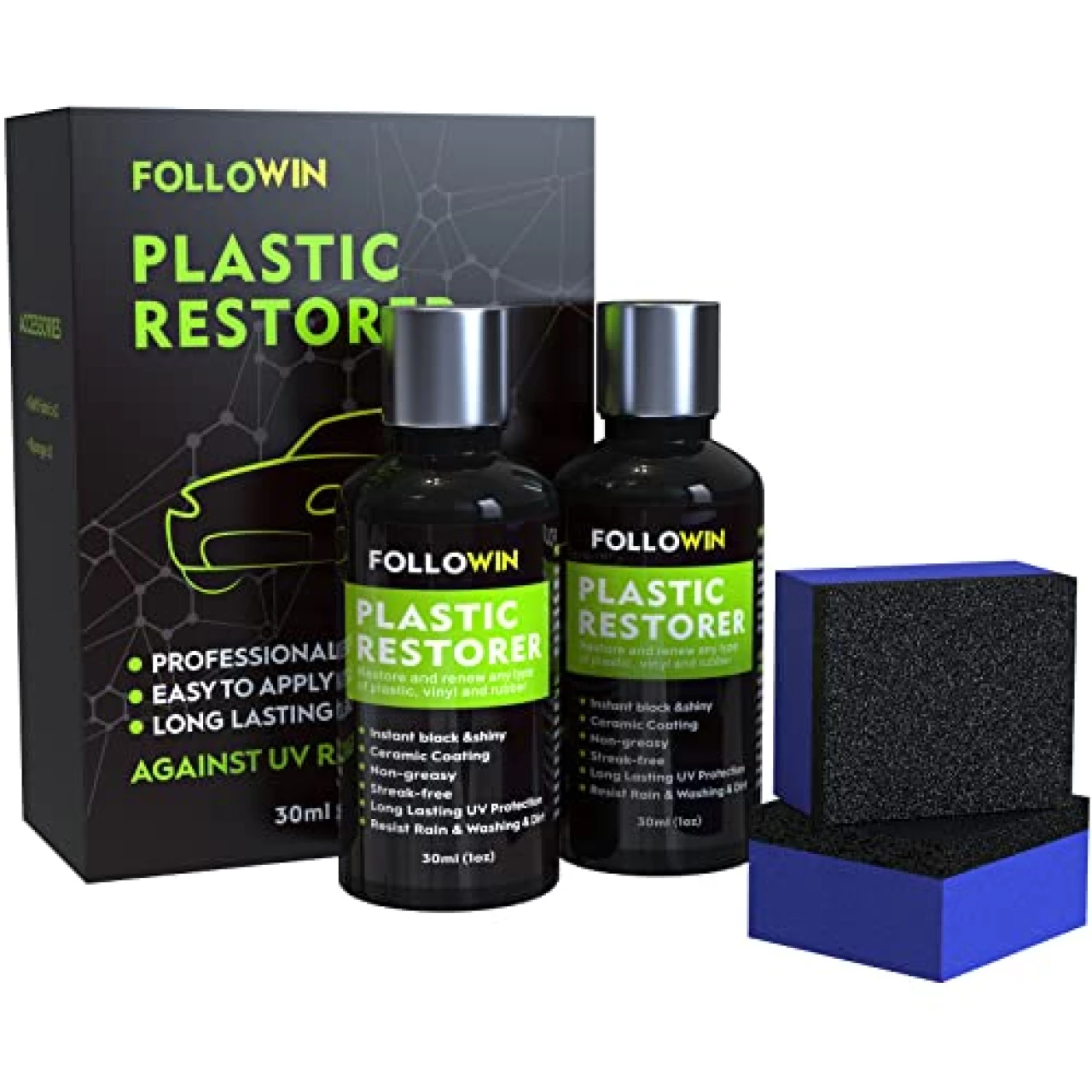 FOLLOWIN Plastic Restorer for Cars, Plastic Coating Exterior Black Trim Restorer, Ceramic Coating, Resists Water, UV Rays, Dirt, Not Dressing, Highly Concentrated, 60ml