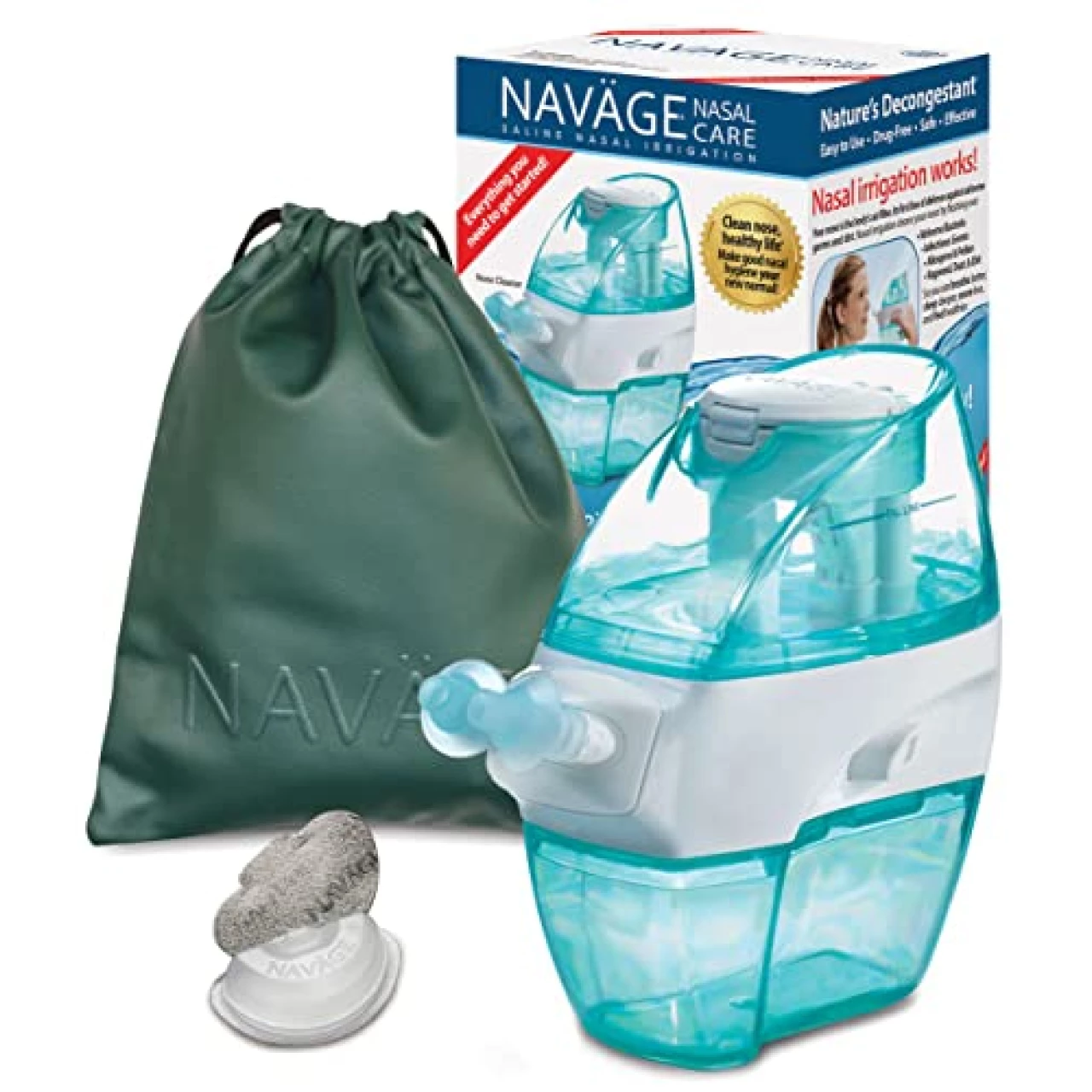 Navage Nasal Care Starter Bundle: Navage Nose Cleaner, 20 SaltPods, Plus Bonus 10 SaltPods and Hunter Green Travel Bag