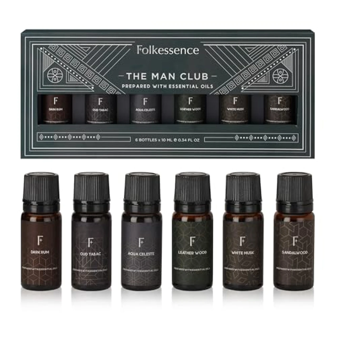 Folkulture Fragrance Oils for Diffuser Set of 6 Essential Oils Set for Diffusers for Home Aromatherapy, Valentine Gifts for Him or Men - Dark Rum Oud Tabac White Musk Leather Wood Sandalwood, Man Club