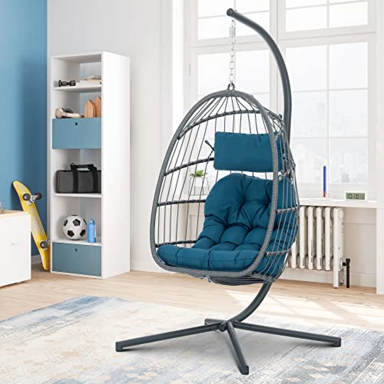 Brafab Wicker Rattan Hanging Swing Egg Chair, Aluminum Frame and UV Resistant Cushion